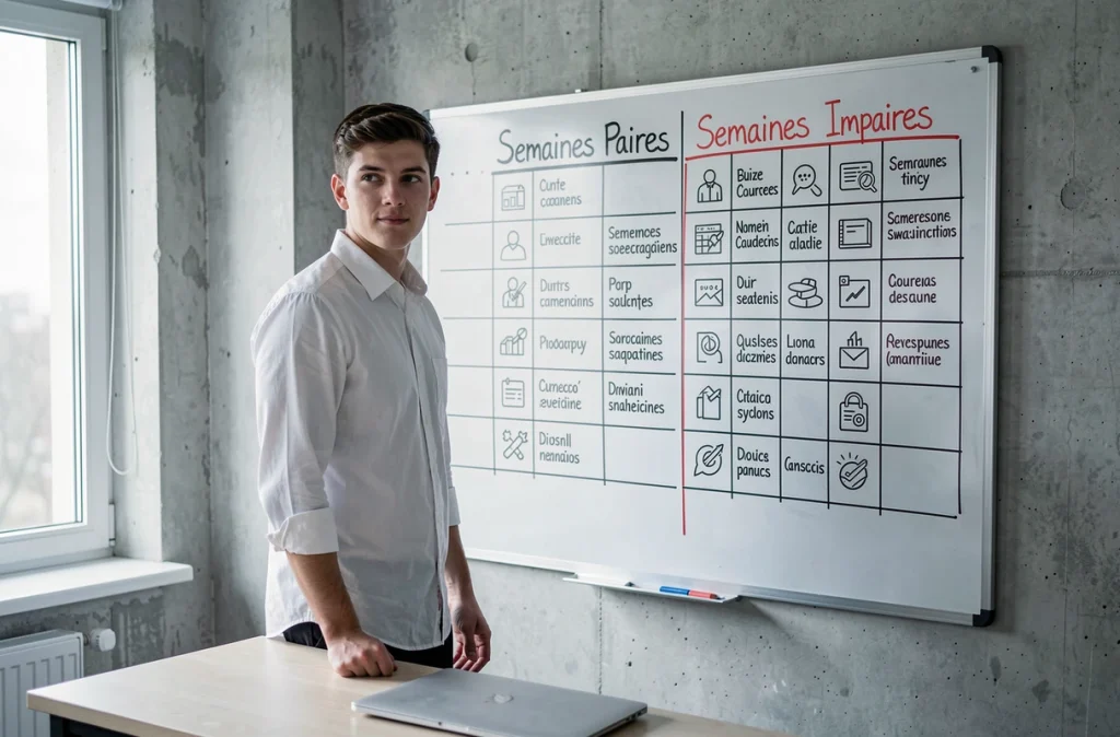 Étudiant rédigeant un planning semestral semaines paires et impaires sur tableau blanc