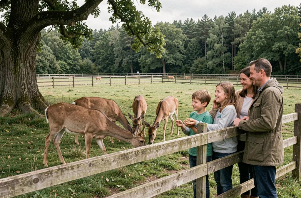 Une famille observe et nourrit des cerfs dans la Réserve de Beaumarchais