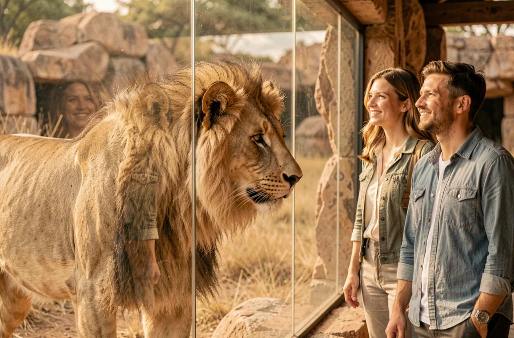 Couple observant un lion à travers une vitre au Safari de Peaugres en Ardèche