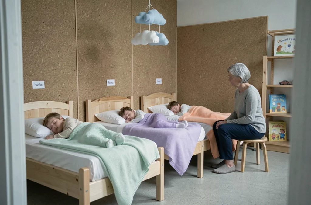 Salle de sieste en crèche avec des tout-petits endormis surveillés par une auxiliaire de puériculture attentionnée