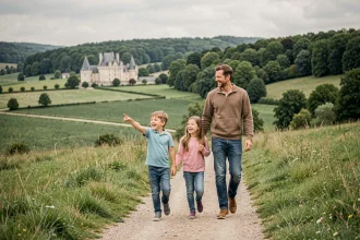 Une famille avec deux enfants se promène dans les paysages verts du Centre-Val de Loire lors d'une sortie en famille