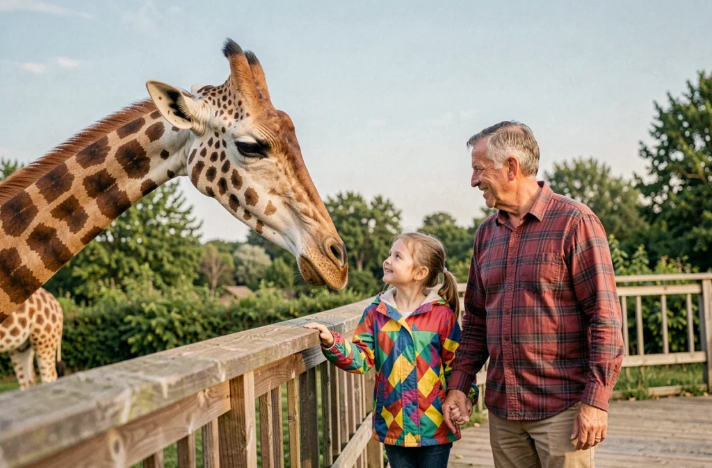 Père et fille observant des girafes de près depuis une plateforme d'observation au Touroparc zoo