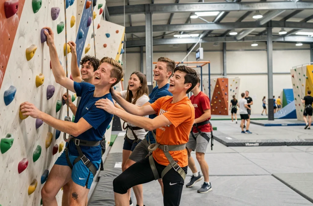 Adolescents sur un mur d'escalade et parcours d'obstacles dans le centre d'aventure Vitam
