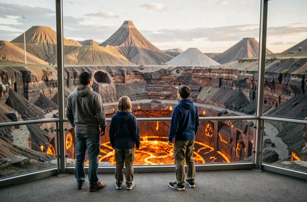 Famille découvrant une reconstitution volcanique spectaculaire à l'intérieur du parc Vulcania en Auvergne