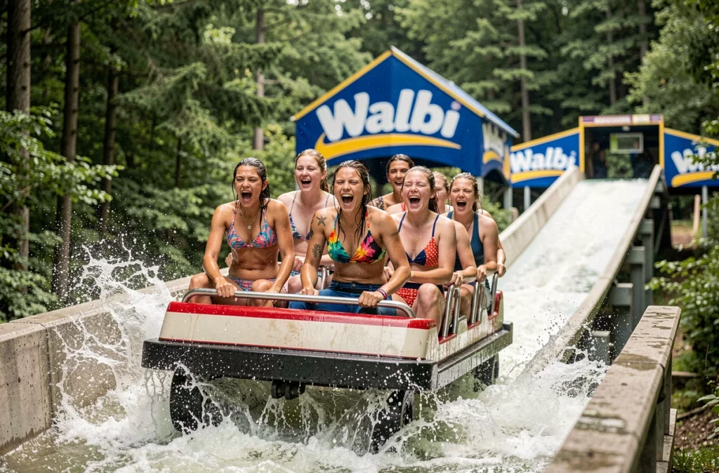 Adolescents dévalant un toboggan aquatique au parc Walibi Rhône-Alpes sous un ciel estival