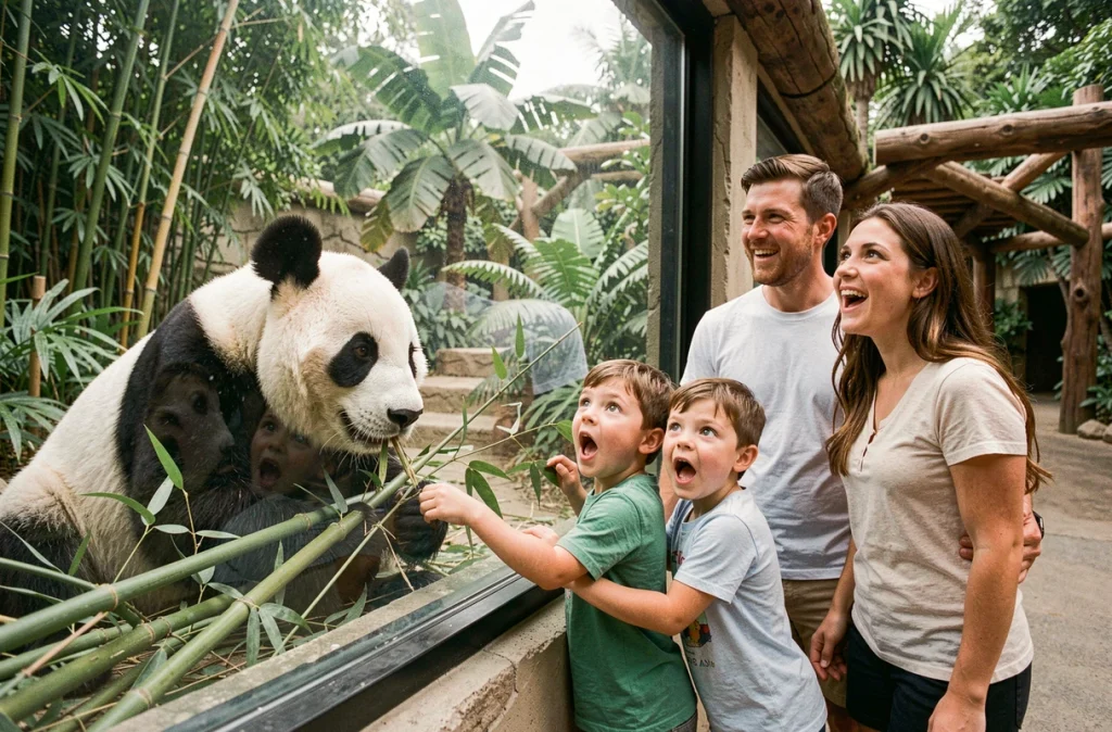 Une famille observe un panda géant dans son enclos au ZooParc de Beauval