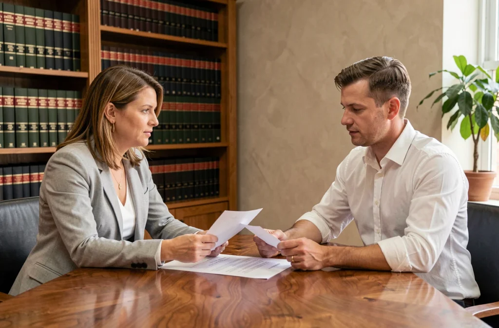 Couple consultant un notaire pour un contrat de mariage, illustrant les droits et obligations réciproques selon l'article 212 du Code civil