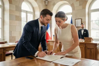 Couple marié signant les documents officiels lors d'un mariage civil en mairie, illustrant les obligations réciproques du Code civil