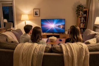 Famille installée sur un canapé devant un film, un soir