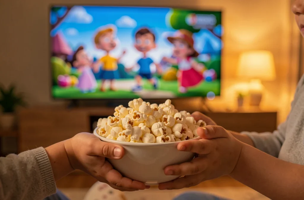 Mains d'enfant tenant un bol de pop-corn devant l'écran