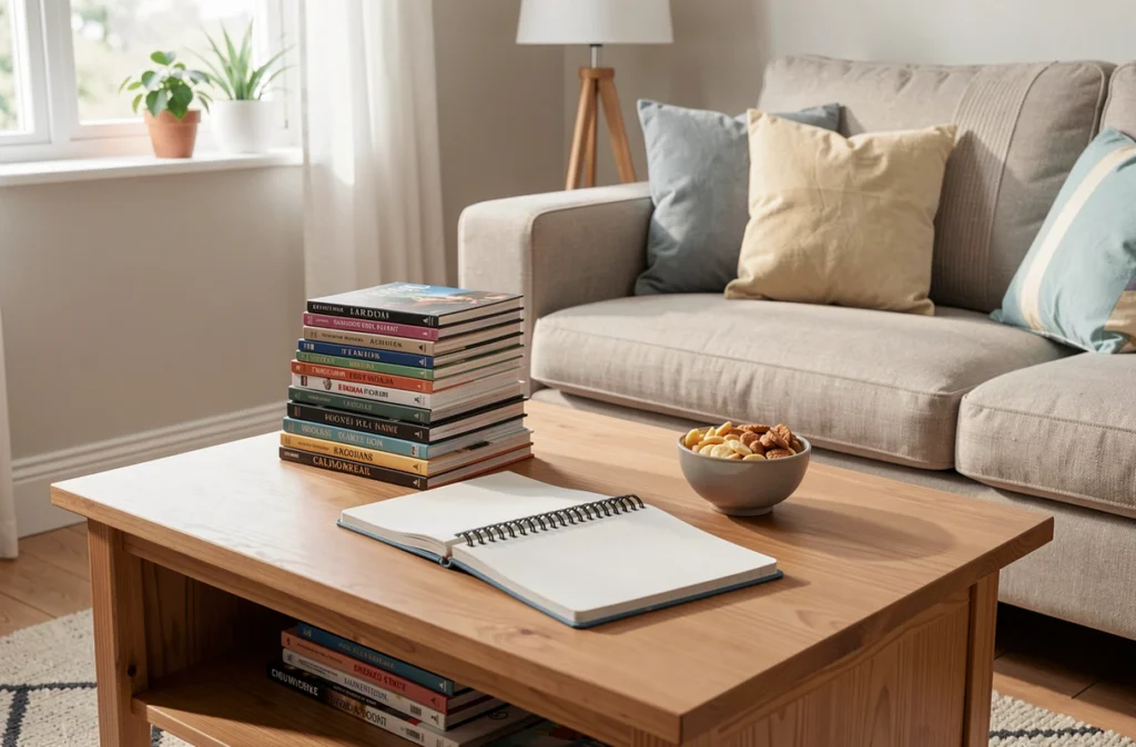 Table basse avec des DVD et des en-cas avant la séance